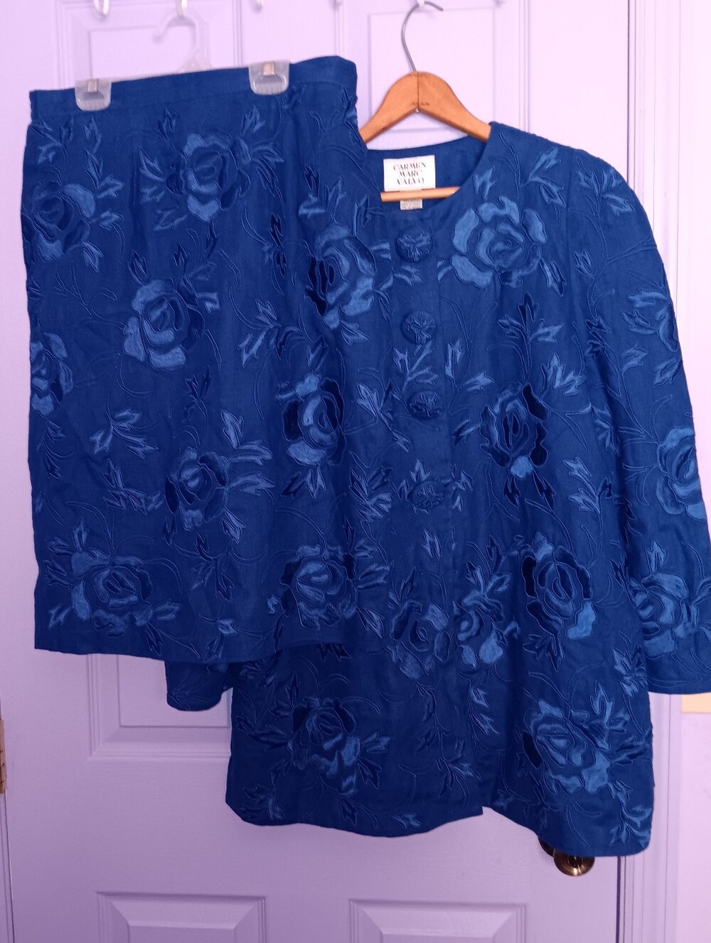 Carmen Marc Valvo Vintage Blue Floral Brocade Dress Jacket and Skirt Set Size 12